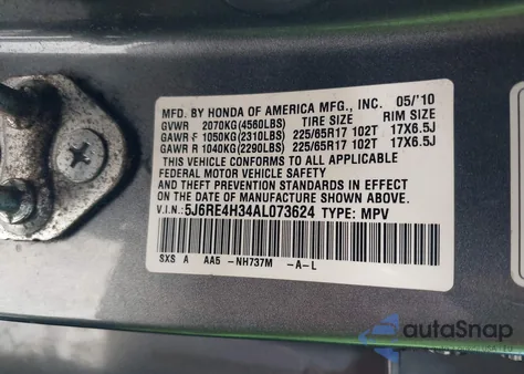 2010 Honda Cr-V Lx z USA, uszkodzony, nr VIN 5J6RE4H34AL073624